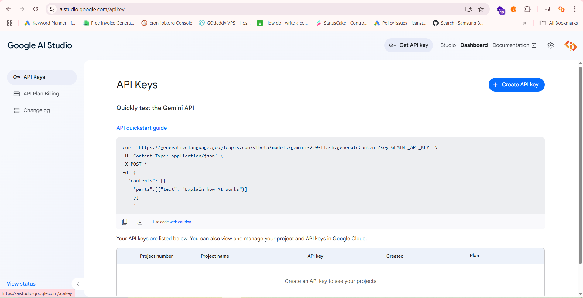 Gemini AI API Keys Section