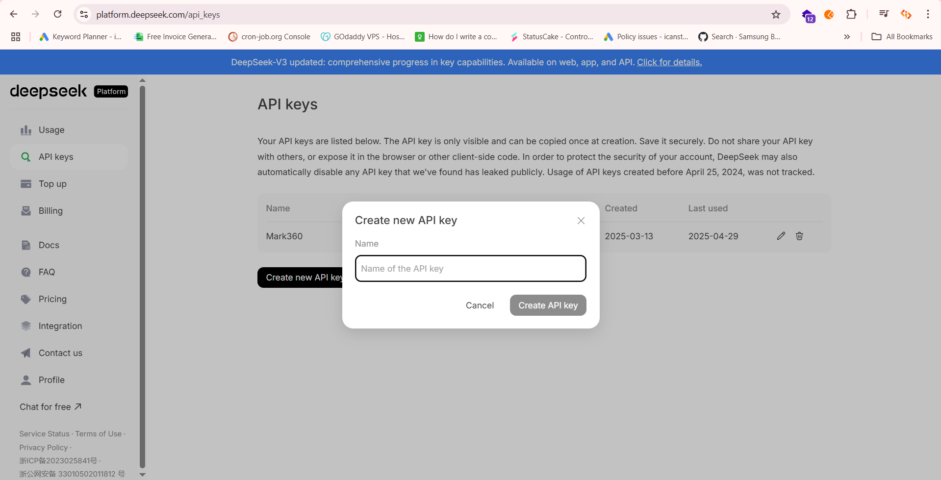 Create New DeepSeek API Key