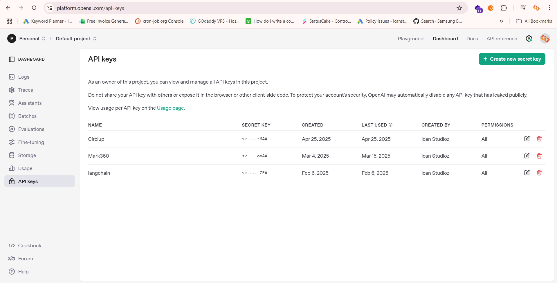 Create New API Key in OpenAI