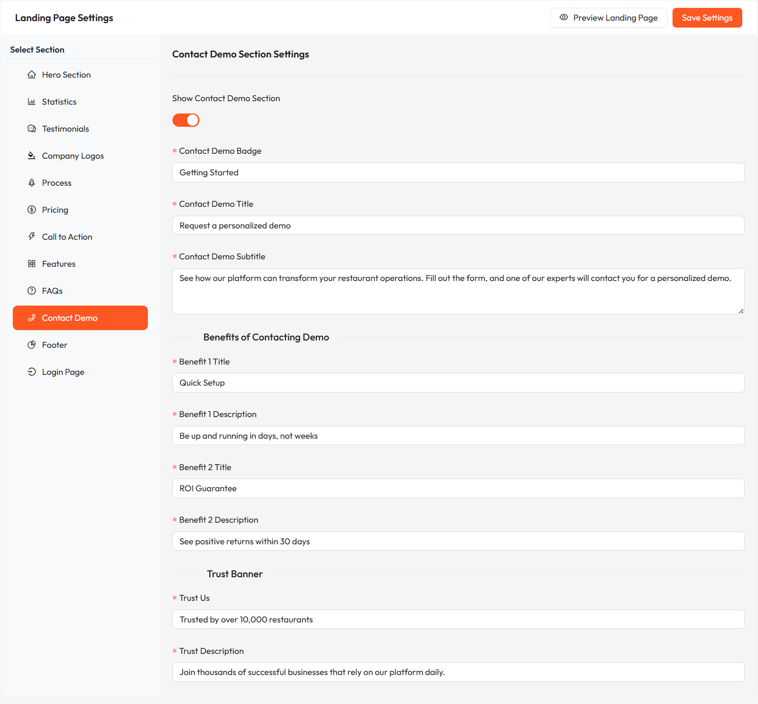 Contact Demo Settings