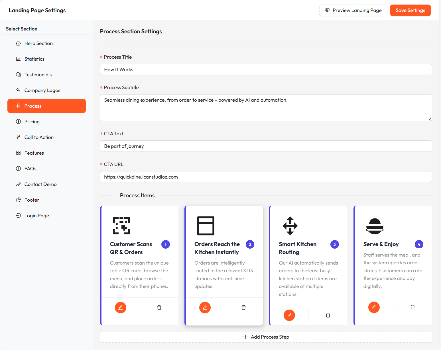 Process Steps Settings