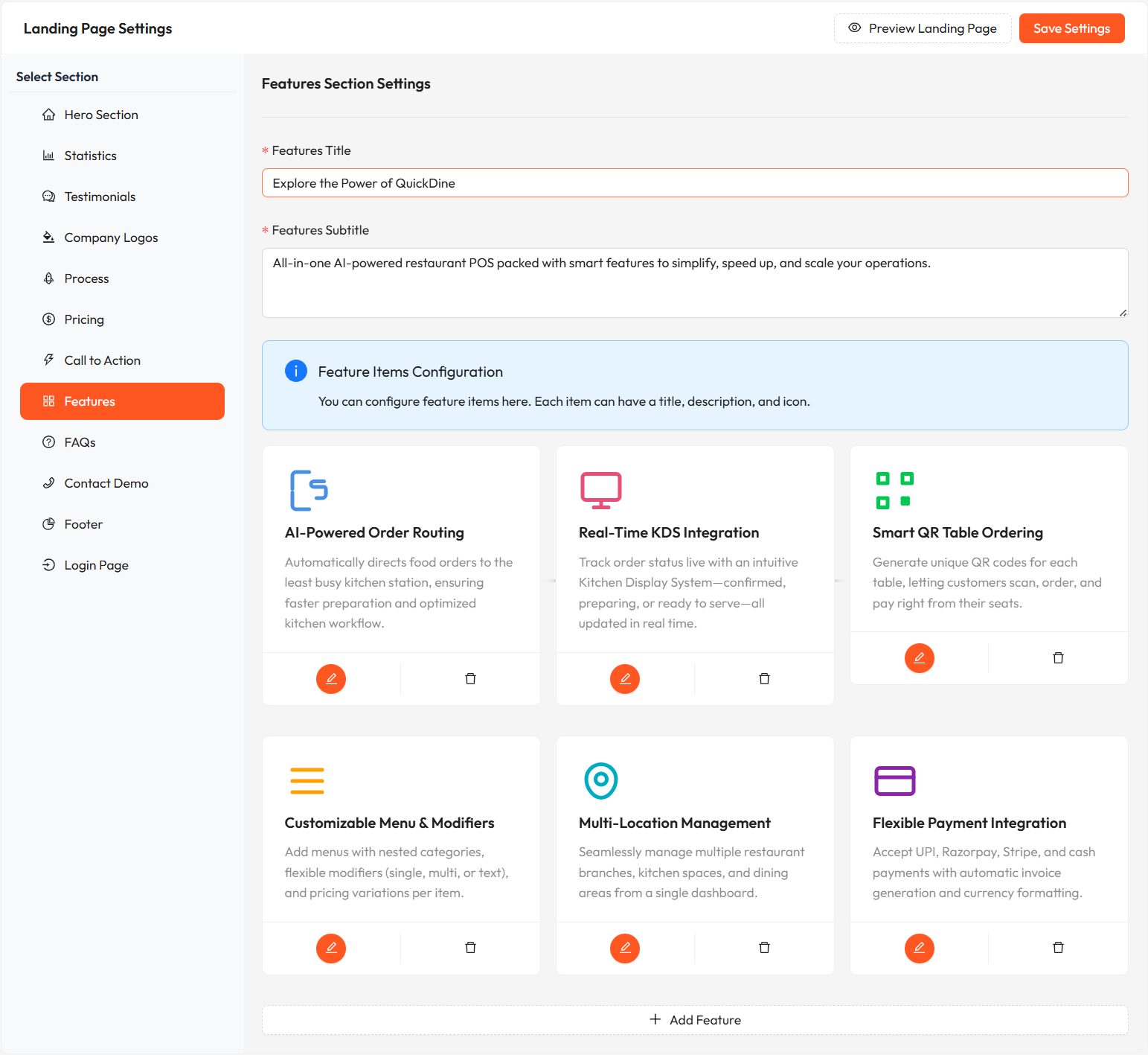 Features List Settings