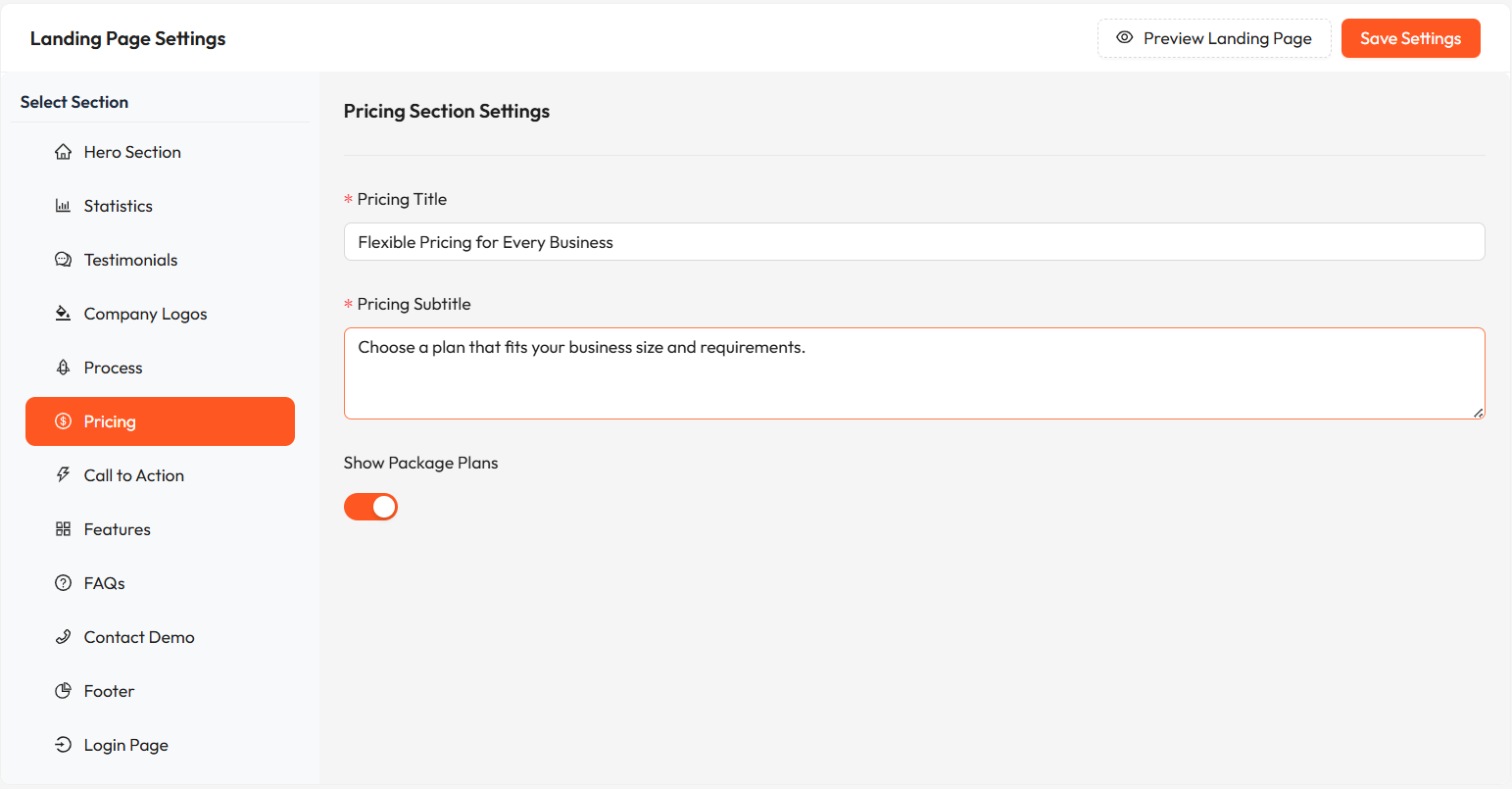 Pricing Section Settings
