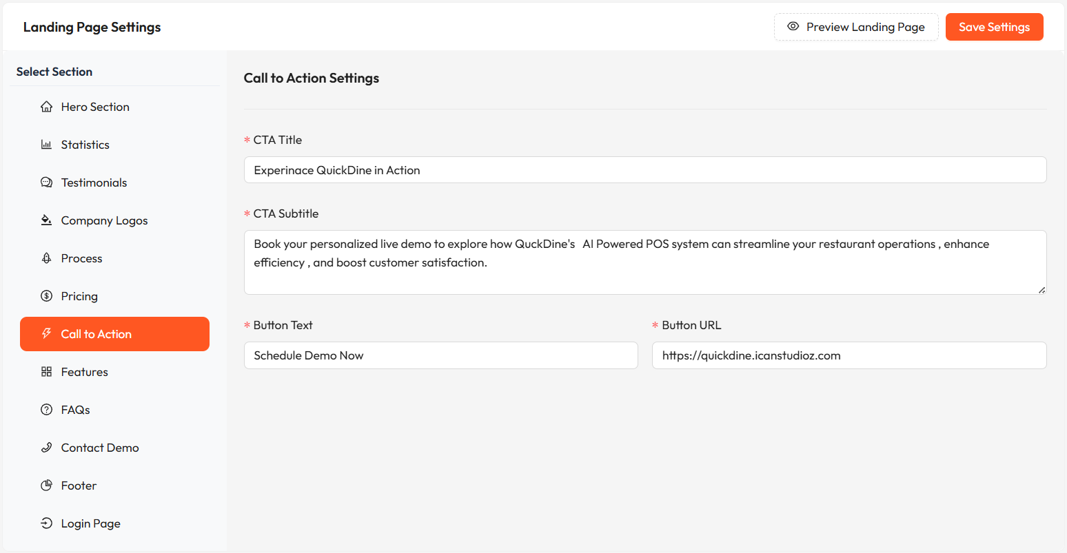 Call to Action Settings