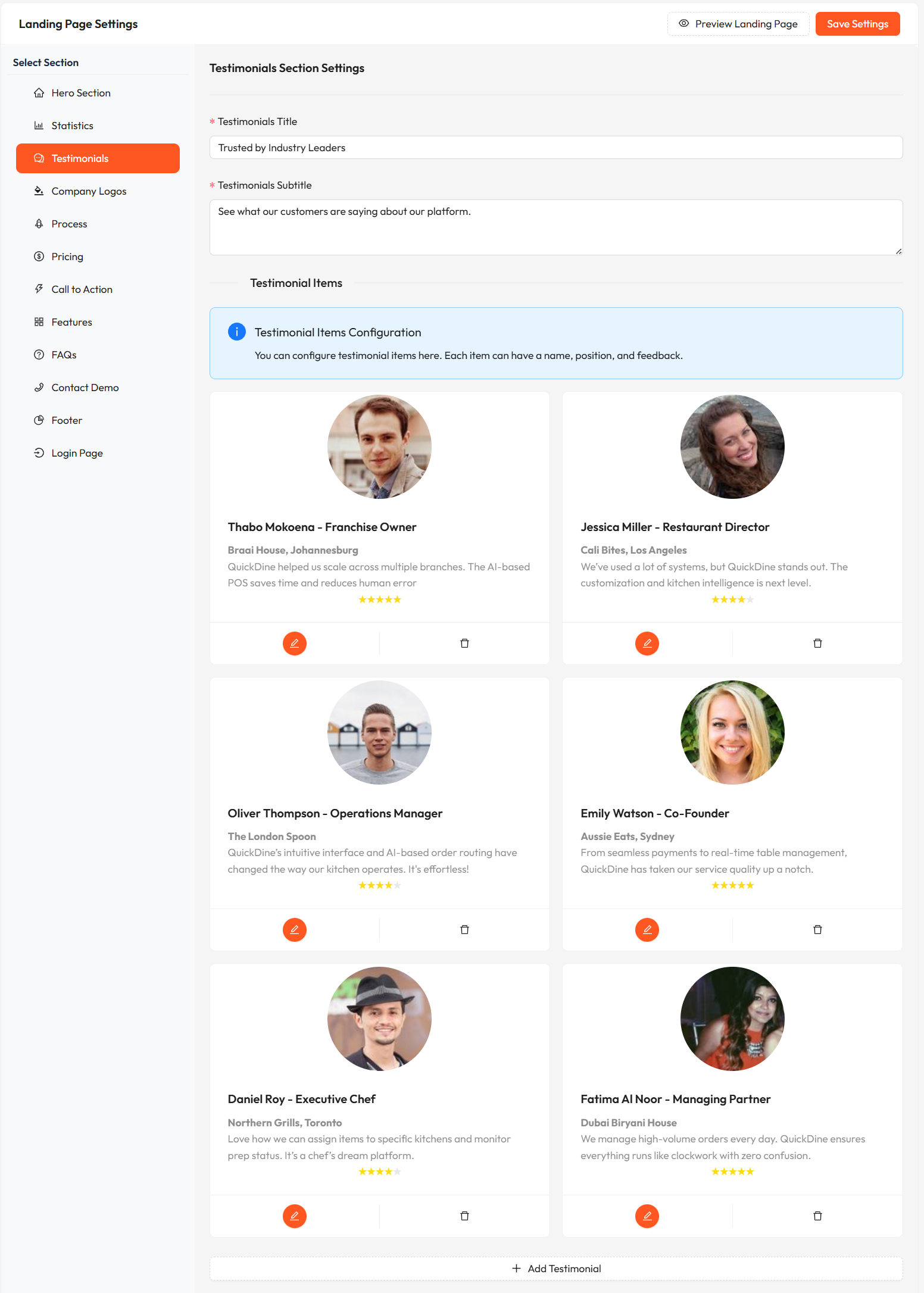 Testimonials Settings