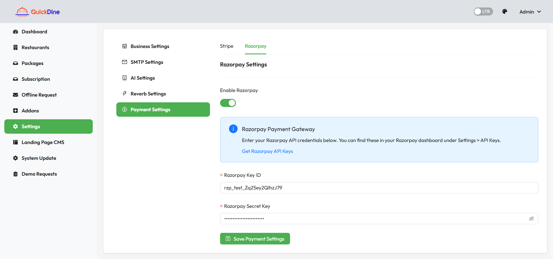 Razorpay Payment Gateway Settings