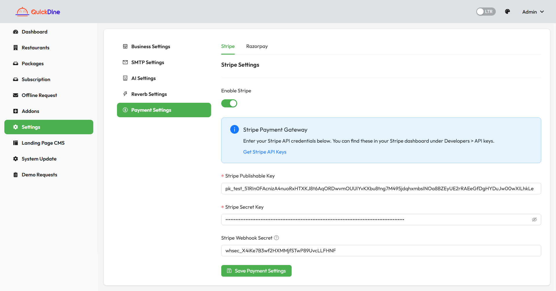Stripe Payment Gateway Settings