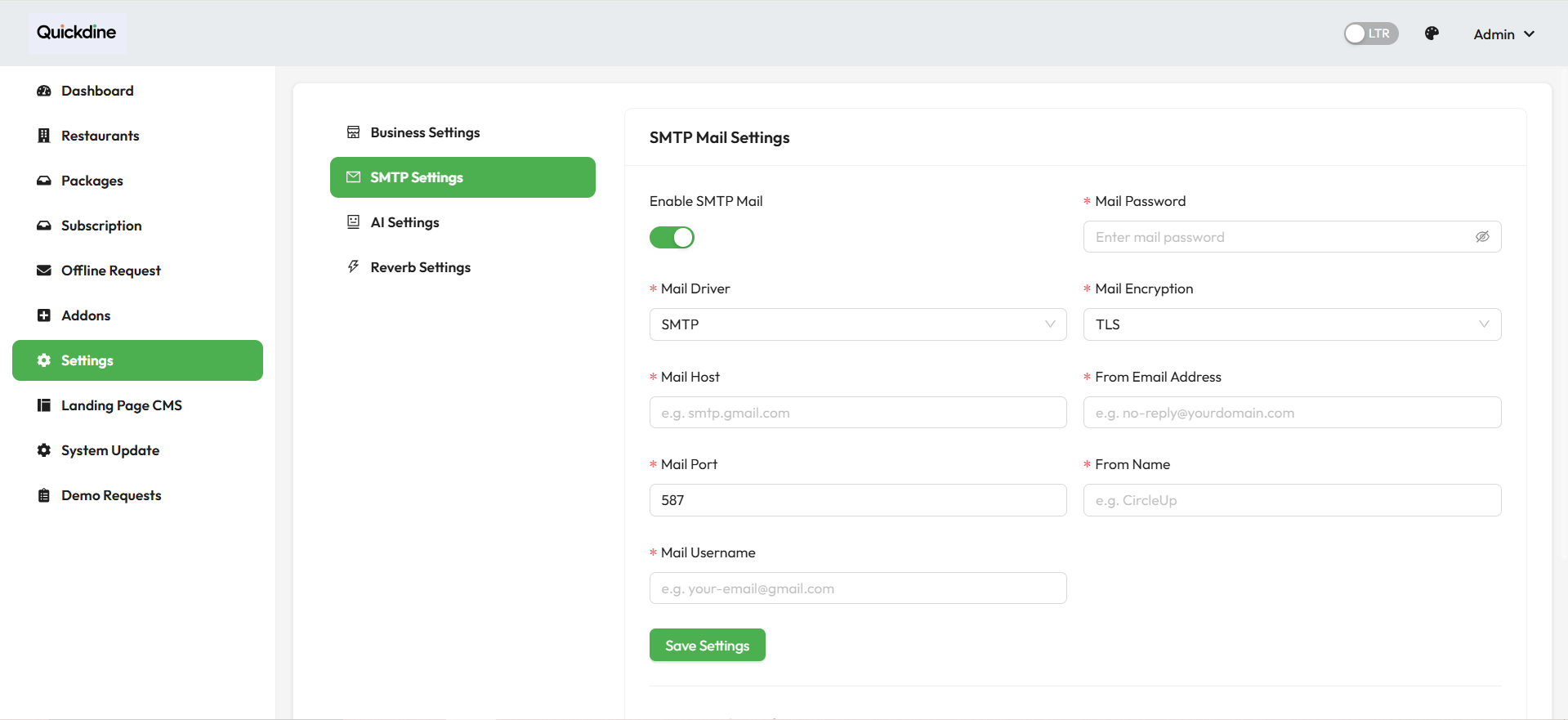 SMTP Settings Configuration